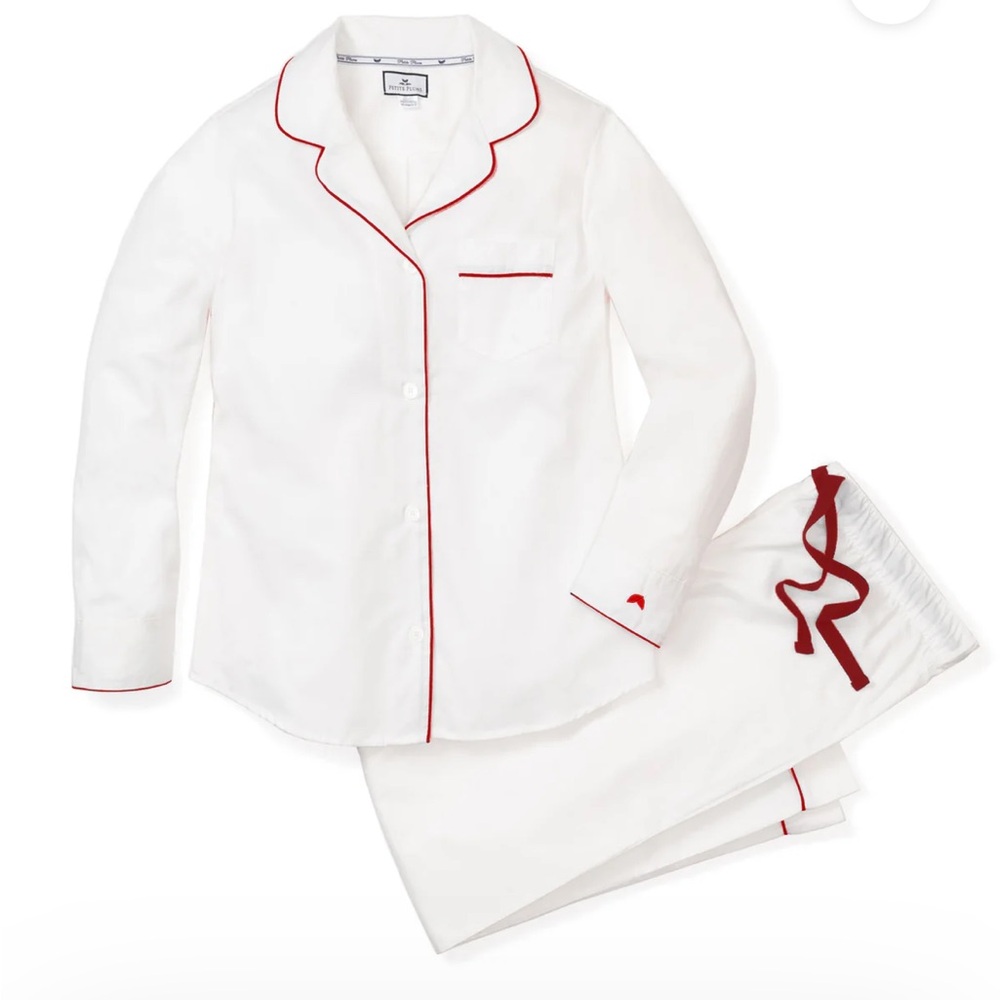 Petite Plum NEW Women's Twill Pajama Set in White with Red Piping  NEW